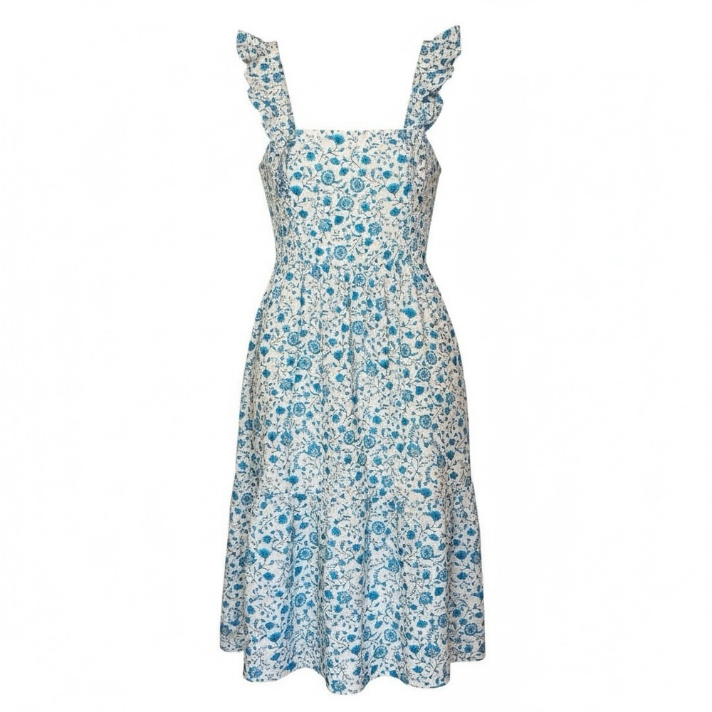Draper James Blue Floral Midi Dress Cotton Smocked Back Ruffle Straps Size L
